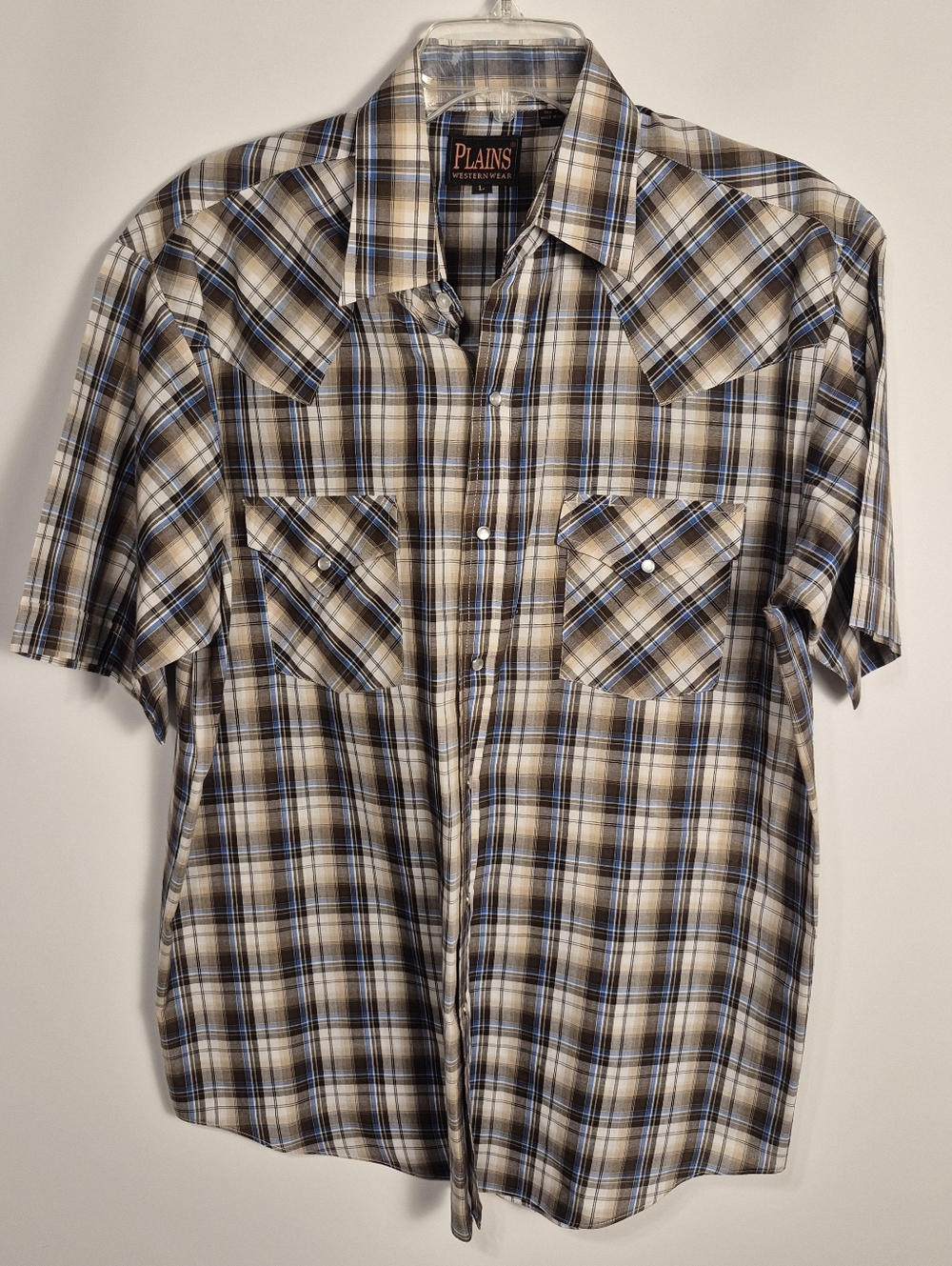 Plains Western Wear Men’s Large Plaid Pearl Snap Short Sleeve Cowboy Shirt Blue